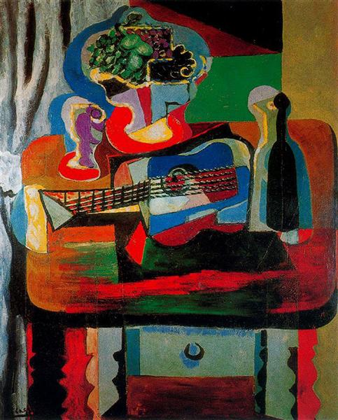 Pablo Picasso Guitar,Bottle,Fruit Dish And Glass On The Table